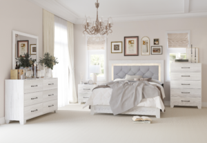 Whitewash Panel Bedroom Set with Tufted Gray Upholstered Headboard